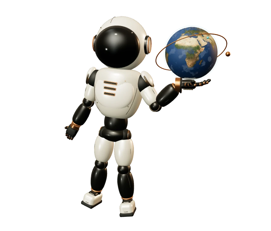 Ivory robotic explorer gently holding a realistic blue and green Earth